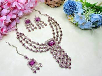 Purple yellow gold premium designer american diamond and stone work necklace set 2