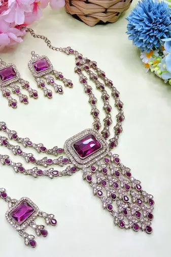 Purple yellow gold premium designer american diamond and stone work necklace set