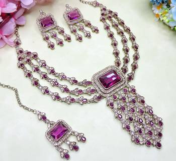 Purple yellow gold premium designer american diamond and stone work necklace set 3