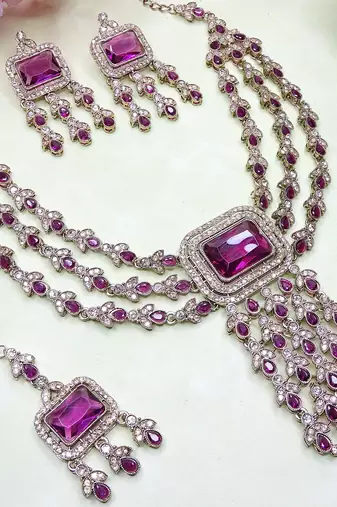 Purple yellow gold premium designer american diamond and stone work necklace set