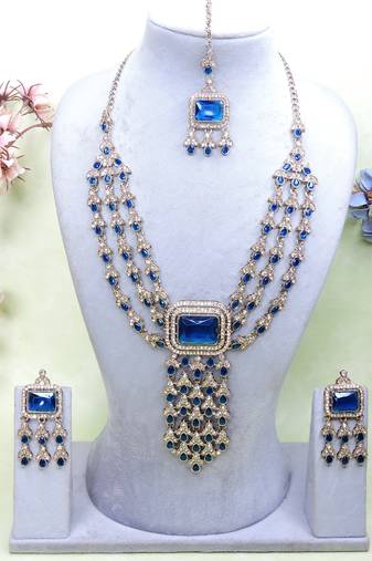 Blue yellow gold premium designer american diamond and stone work necklace set