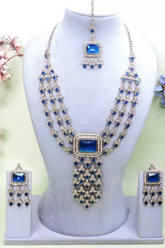 Blue yellow gold premium designer american diamond and stone work necklace set