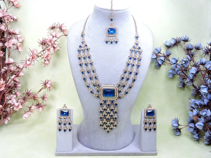 Blue yellow gold premium designer american diamond and stone work necklace set