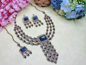 Blue yellow gold premium designer american diamond and stone work necklace set 2