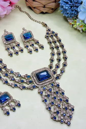 Blue yellow gold premium designer american diamond and stone work necklace set