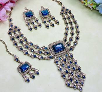 Blue yellow gold premium designer american diamond and stone work necklace set 3