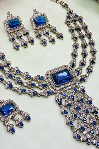 Blue yellow gold premium designer american diamond and stone work necklace set