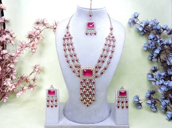 Pink yellow gold premium designer american diamond and stone work necklace set 1