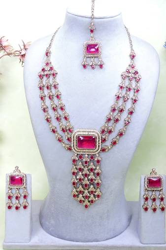 Pink yellow gold premium designer american diamond and stone work necklace set