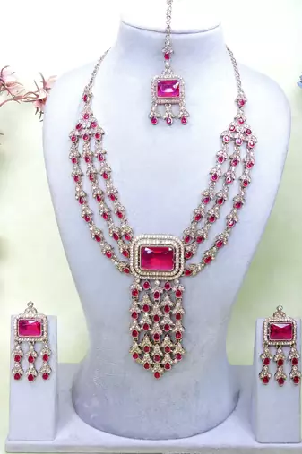 Pink yellow gold premium designer american diamond and stone work necklace set