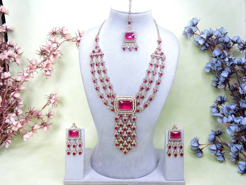 Pink yellow gold premium designer american diamond and stone work necklace set