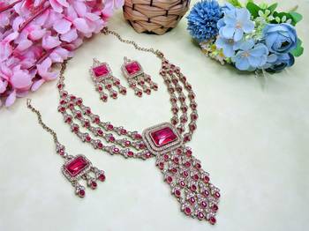 Pink yellow gold premium designer american diamond and stone work necklace set 2