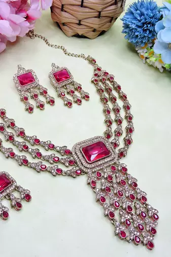Pink yellow gold premium designer american diamond and stone work necklace set