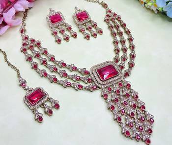 Pink yellow gold premium designer american diamond and stone work necklace set 3