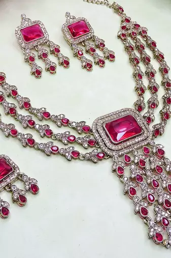 Pink yellow gold premium designer american diamond and stone work necklace set