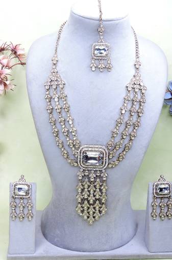 White yellow gold premium designer american diamond and stone work necklace set