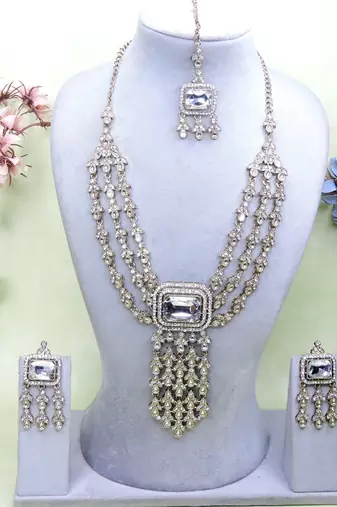White yellow gold premium designer american diamond and stone work necklace set