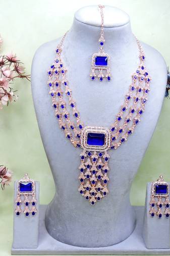Blue rose gold premium designer american diamond and stone work necklace set