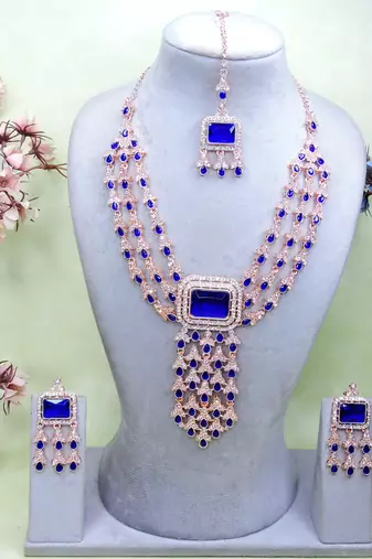 Blue rose gold premium designer american diamond and stone work necklace set