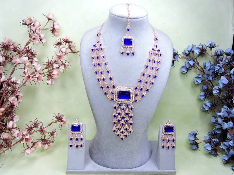 Blue rose gold premium designer american diamond and stone work necklace set
