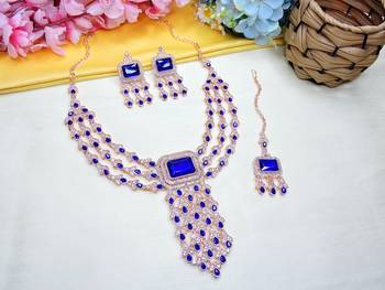 Blue rose gold premium designer american diamond and stone work necklace set 2