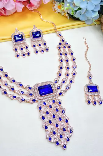Blue rose gold premium designer american diamond and stone work necklace set