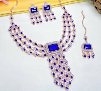 Blue rose gold premium designer american diamond and stone work necklace set 3