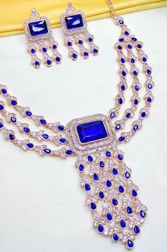 Blue rose gold premium designer american diamond and stone work necklace set