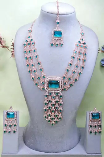 Green rose gold premium designer american diamond and stone work necklace set