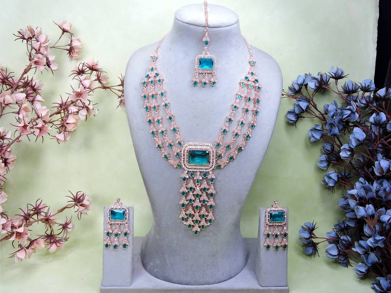 Green rose gold premium designer american diamond and stone work necklace set