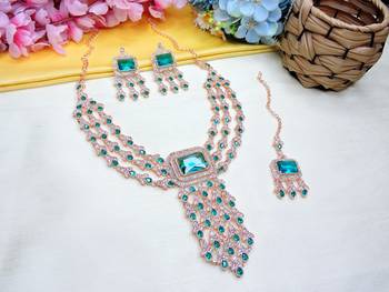 Green rose gold premium designer american diamond and stone work necklace set 2