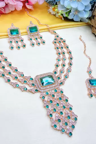 Green rose gold premium designer american diamond and stone work necklace set
