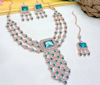 Green rose gold premium designer american diamond and stone work necklace set 3