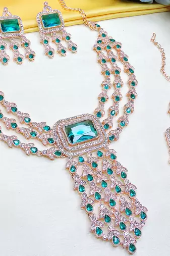 Green rose gold premium designer american diamond and stone work necklace set