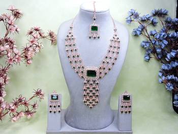 Green rose gold premium designer american diamond and stone work necklace set 1