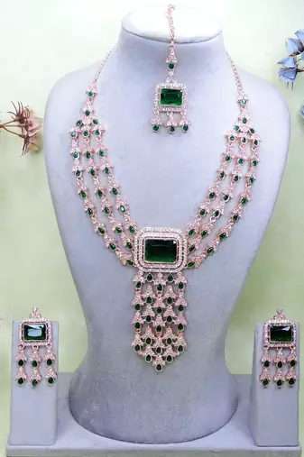 Green rose gold premium designer american diamond and stone work necklace set