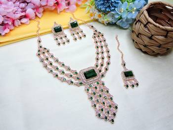 Green rose gold premium designer american diamond and stone work necklace set 2