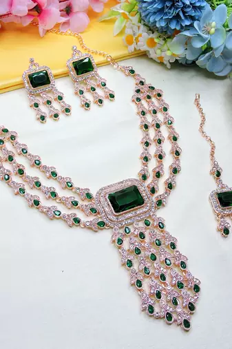 Green rose gold premium designer american diamond and stone work necklace set