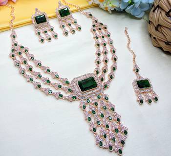 Green rose gold premium designer american diamond and stone work necklace set 3