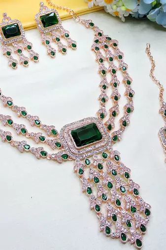 Green rose gold premium designer american diamond and stone work necklace set