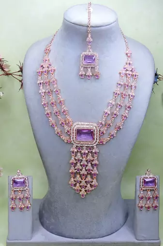 Purple rose gold premium designer american diamond and stone work necklace set