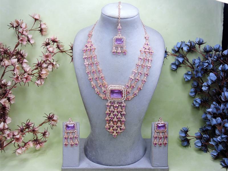 Purple rose gold premium designer american diamond and stone work necklace set