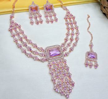 Purple rose gold premium designer american diamond and stone work necklace set 2