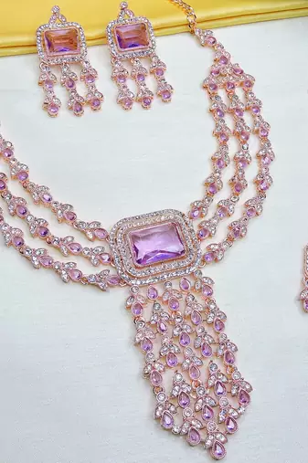 Purple rose gold premium designer american diamond and stone work necklace set