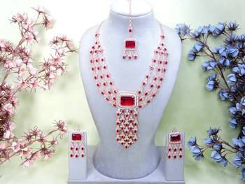 Maroon rose gold premium designer american diamond and stone work necklace set 1