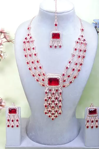 Maroon rose gold premium designer american diamond and stone work necklace set