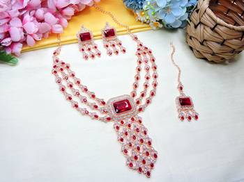 Maroon rose gold premium designer american diamond and stone work necklace set 2