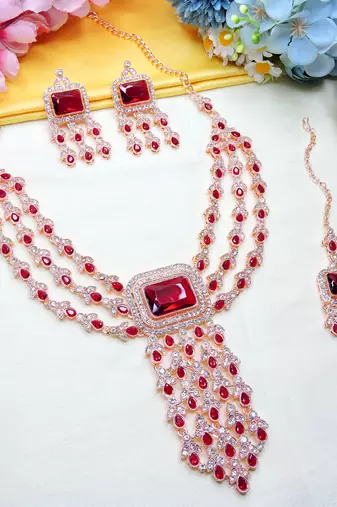 Maroon rose gold premium designer american diamond and stone work necklace set