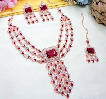 Maroon rose gold premium designer american diamond and stone work necklace set 3
