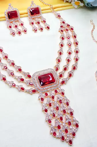 Maroon rose gold premium designer american diamond and stone work necklace set